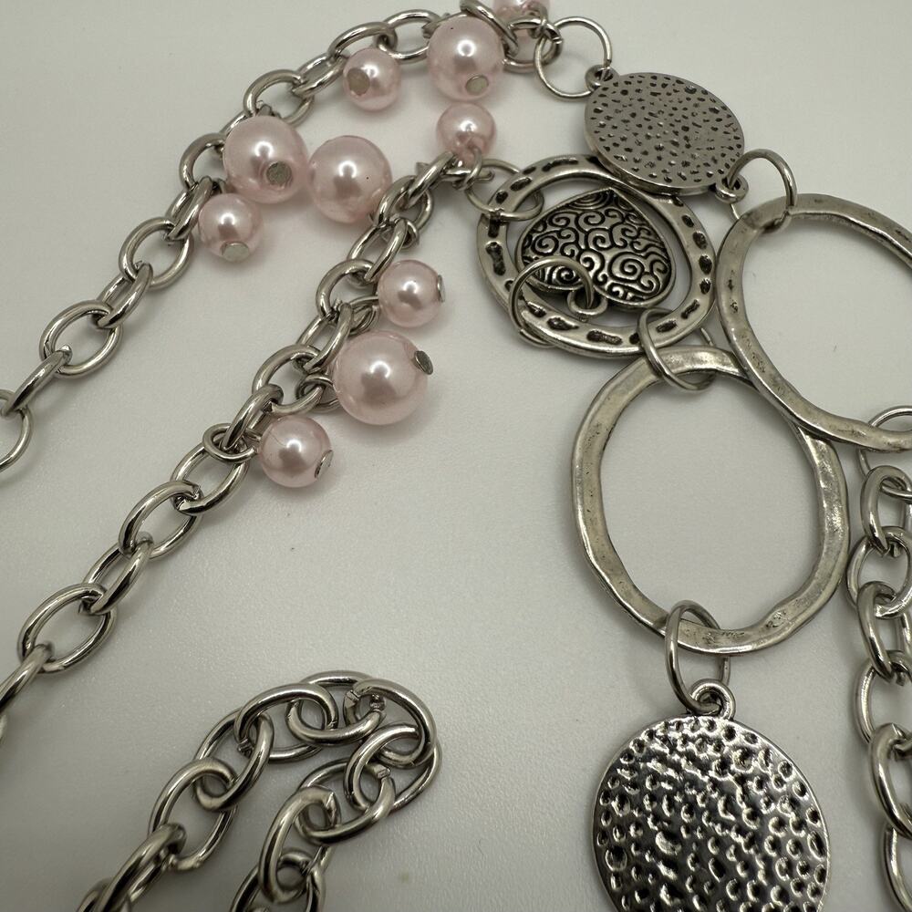 Silver Tone Necklace Faux Pink Pearl Heart Charm Long‎ 40” + 3” Extender - Picture 3 of 10